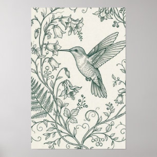Poster Beija-flor Vintage e Samambaia Botânica em Linha F