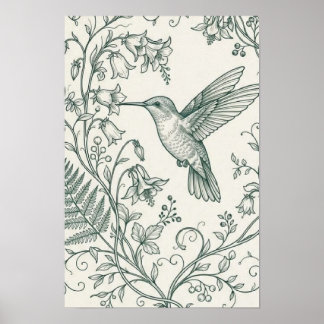 Poster Beija-flor Vintage e Samambaia Botânica em Linha F