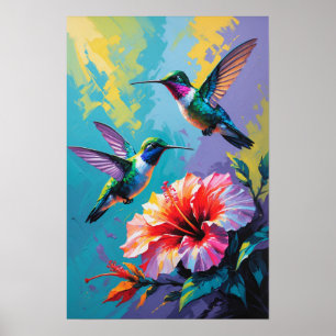 Poster Beija-flores Coloridos com Flor Tropical Vibrante