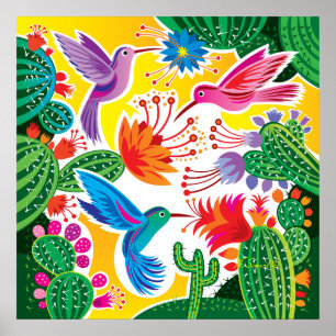 Poster Beija-flores e Cactos Floridos