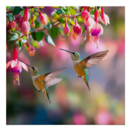 Pôster Beija-flores Flores de Fuchsia Dança Iridescente