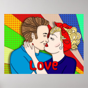 Poster Beijo com Casal retrô, arte Pop de 1950