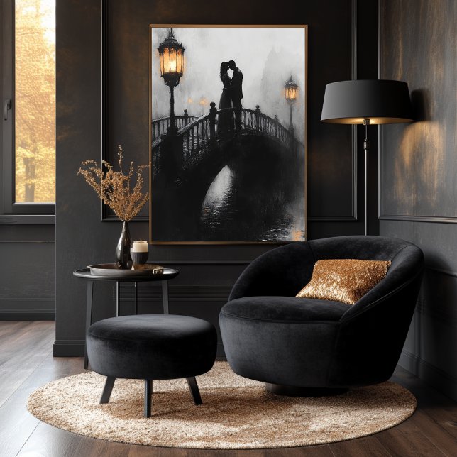 Poster Beijo da ponte romântica no carvão e lanterna bril (Criador carregado)