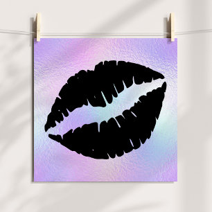 Poster Beijo de Batom Preto em Folha Iridescente Pastel