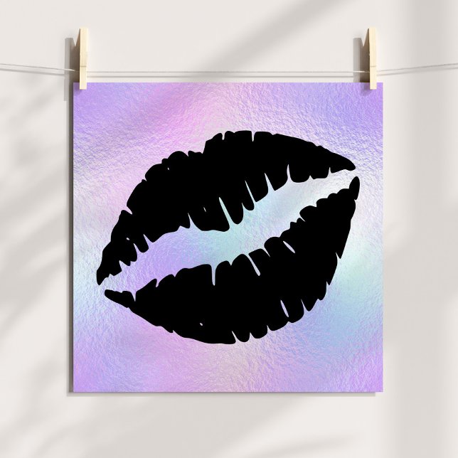 Poster Beijo de Batom Preto em Folha Iridescente Pastel (Black Lipstick Kiss on Pastel Iridescent Foil Poster)