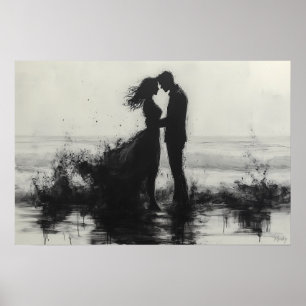 Poster Beijo de Casal Romântico em Placas pelo Mar