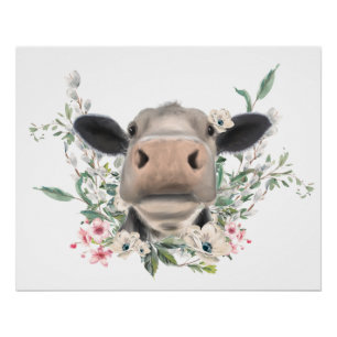 Pôster beijo de nariz de vaca flores aquarela cinza anima