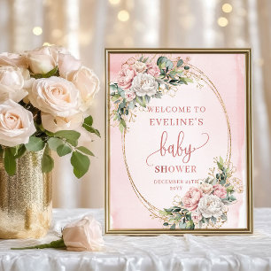Poster Beijo Rosa Floral Eucalipto Bem-vindo ao Chá de Be
