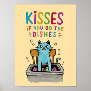 Poster Beijos se você lavar a louça gato fofo lavando