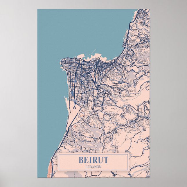 Poster Beirute Líbano Mapa da Cidade Ventilada Viagem (Frente)