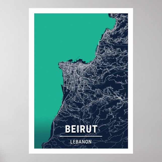 Poster Beirute - Mapa da Cidade Azul-Escura do Líbano (Frente)
