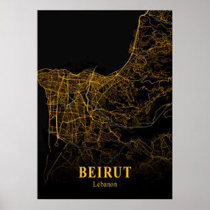 Poster Beirute - Mapa da Cidade Dourada do Líbano
