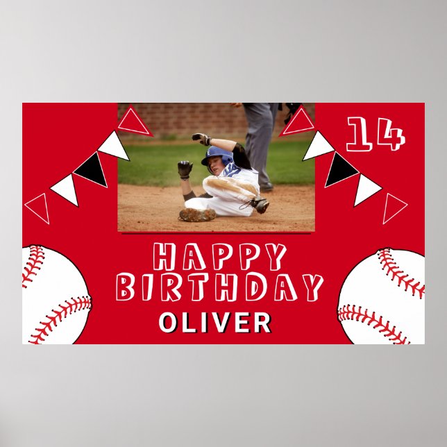 Poster Beisebol Ball Bunting Flags Red Foto Aniversário (Frente)