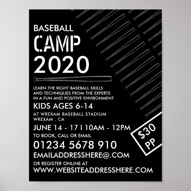 Poster Beisebol preto e branco, Anúncio do Camp de Baseba (Frente)