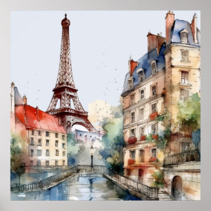 Poster Bela Aquarela de Viagem para Paris