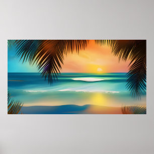 Poster Bela areia de praia tropical oceano palmeiras
