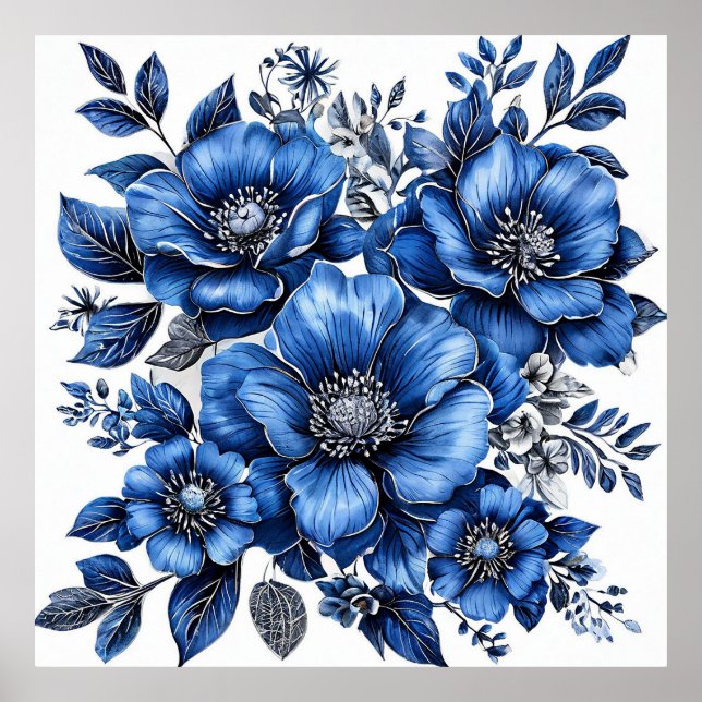 Poster Bela Arranjo Floral Azul e Branco (Frente)