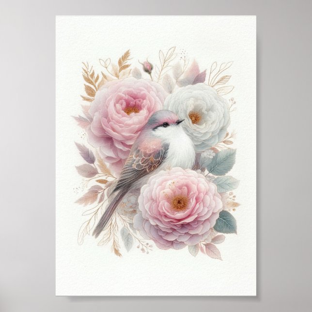 Poster Bela Arte de Pássaro & Rosas (Frente)
