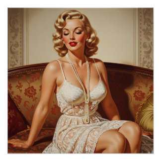 Pôster Bela arte pin-up loira dos anos 50