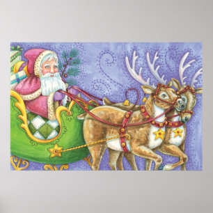 Poster Bela Cartoon Natal Papai Noel Sleigh Reindeer