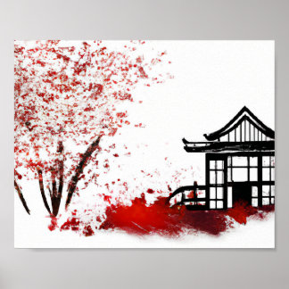 Poster bela casa japonesa na floresta cerejeira florescen