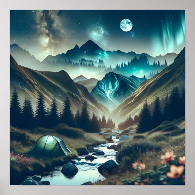 Poster Bela cena de acampamento com montanhas e tendas (Frente)