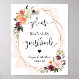 Poster Bela Chic Floral Frame Guestbook Sinal de Casament