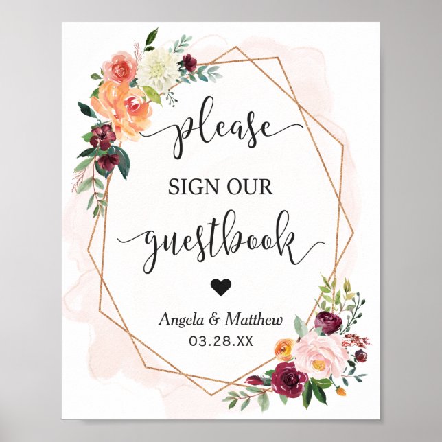 Poster Bela Chic Floral Frame Guestbook Sinal de Casament (Frente)