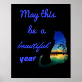 Poster Bela citação de um gato pôr do sol preto