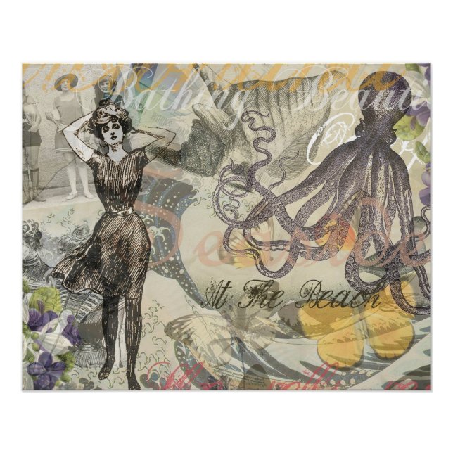 Pôster Bela de banho vitoriana Kraken Surrealismo Vintage (Frente)