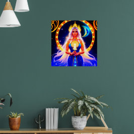 Poster Bela Deusa da Lua com cabelos brancos fluidos