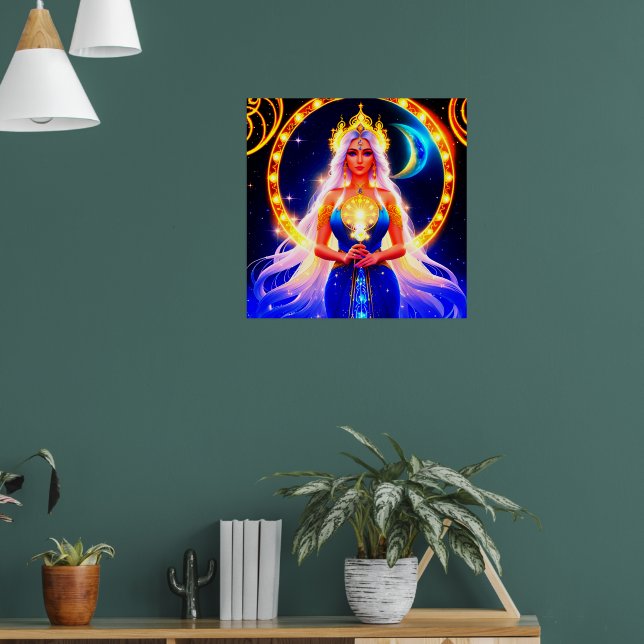 Poster Bela Deusa da Lua com cabelos brancos fluidos (Sala de Estar 1)