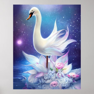 Poster Bela Fantasia, Swan Branco com Flores