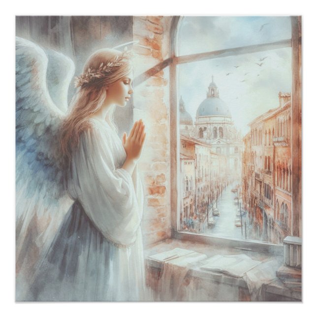 Pôster Bela Figura Angelical com Aura Branca Rezando (Frente)