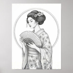 Poster Bela Japonesa com Leque Dobrável