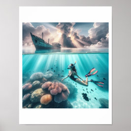 Poster Bela mergulhadora encontra um navio afundado