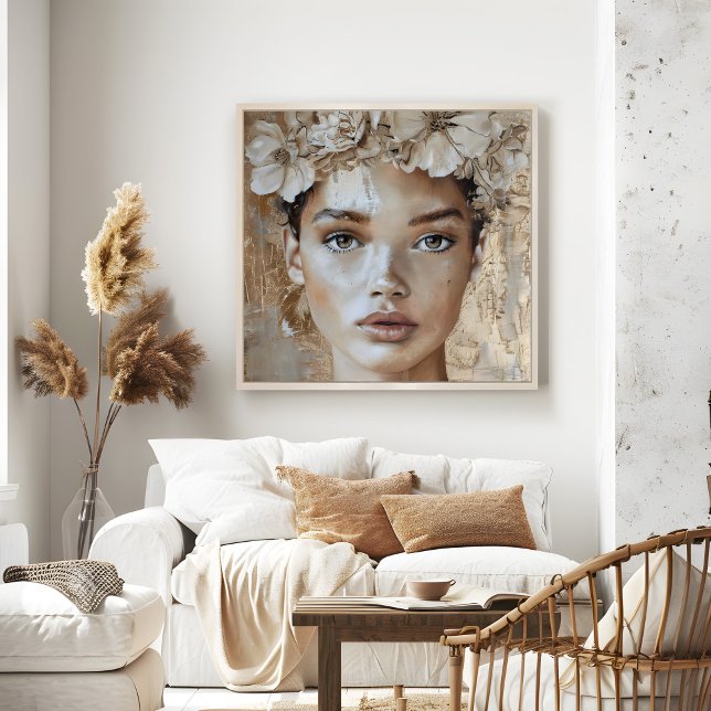 Poster Bela moda modelo de moda Floral Retrato Arte (Beautiful Young Fashion Model Floral Portrait Art Poster in a neutral boho living room.)