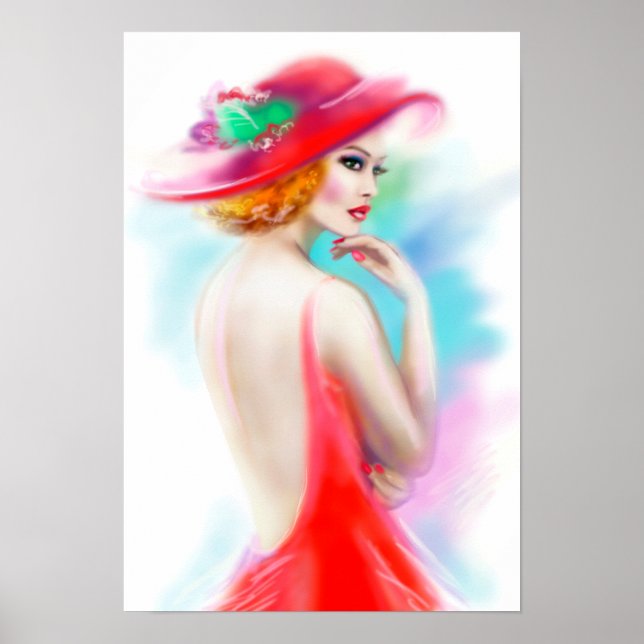 Poster bela mulher de chapéu vermelho e um vestido (Frente)