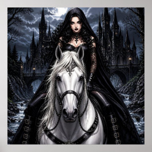 Poster Bela Mulher Gótica em Cavalo Branco