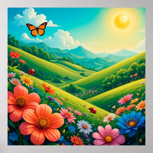 Poster Bela Paisagem de Verão Com Flores Coloridas (Frente)