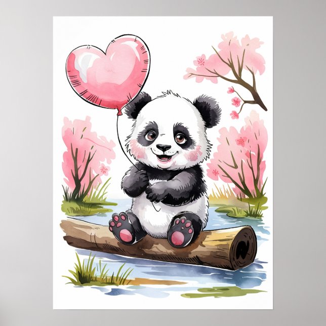 Poster Bela Panda Bela com Balão Cardíaco - Aquarela (Frente)