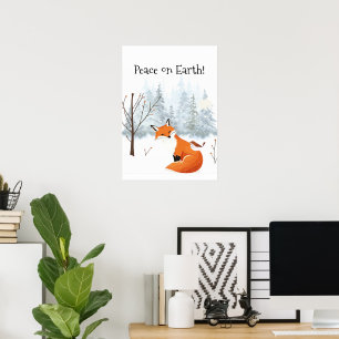 Poster Bela Paz na Terra Raposa Vermelha Pássaro Inverno