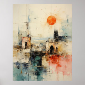 Poster Bela pintura abstrata moderna de uma pequena cidad