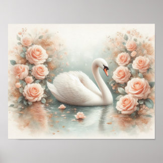 Poster Bela Pintura de Cisne e Rosas