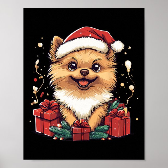 Poster Bela Pomerânia Santa Hat Engraçado Natal Pom Xmas (Frente)