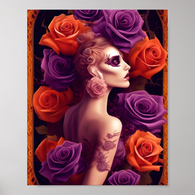 Poster Bela Rosa de Halloween Roxo e Laranja (Frente)