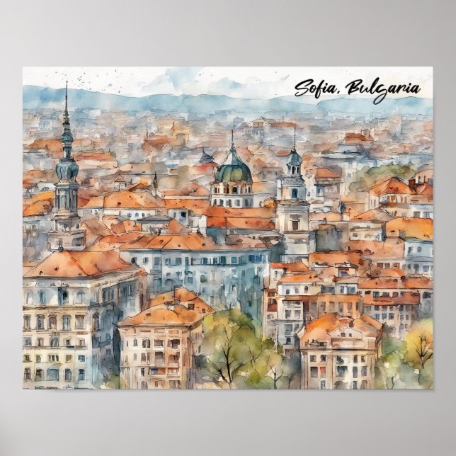 Poster Bela Sófia Bulgária Pintura Aquarela Cidade (Frente)