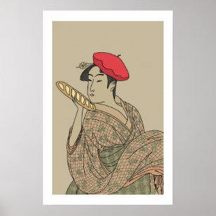Poster Bela Ukiyo-e com Boina e Baguete Francesas