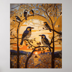 Poster Belas Aves Abstrato no Decorativo Do Nascer Do Sol