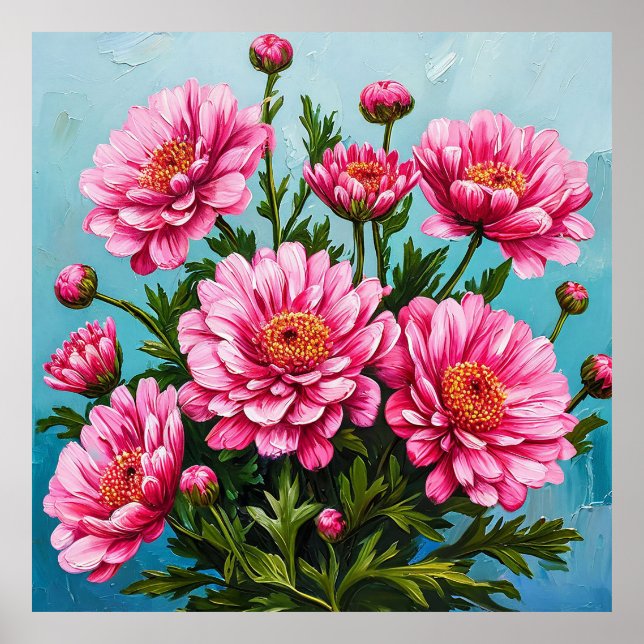 Poster Belas Flores Cor-de-Rosa Com Folhas Verdes (Frente)